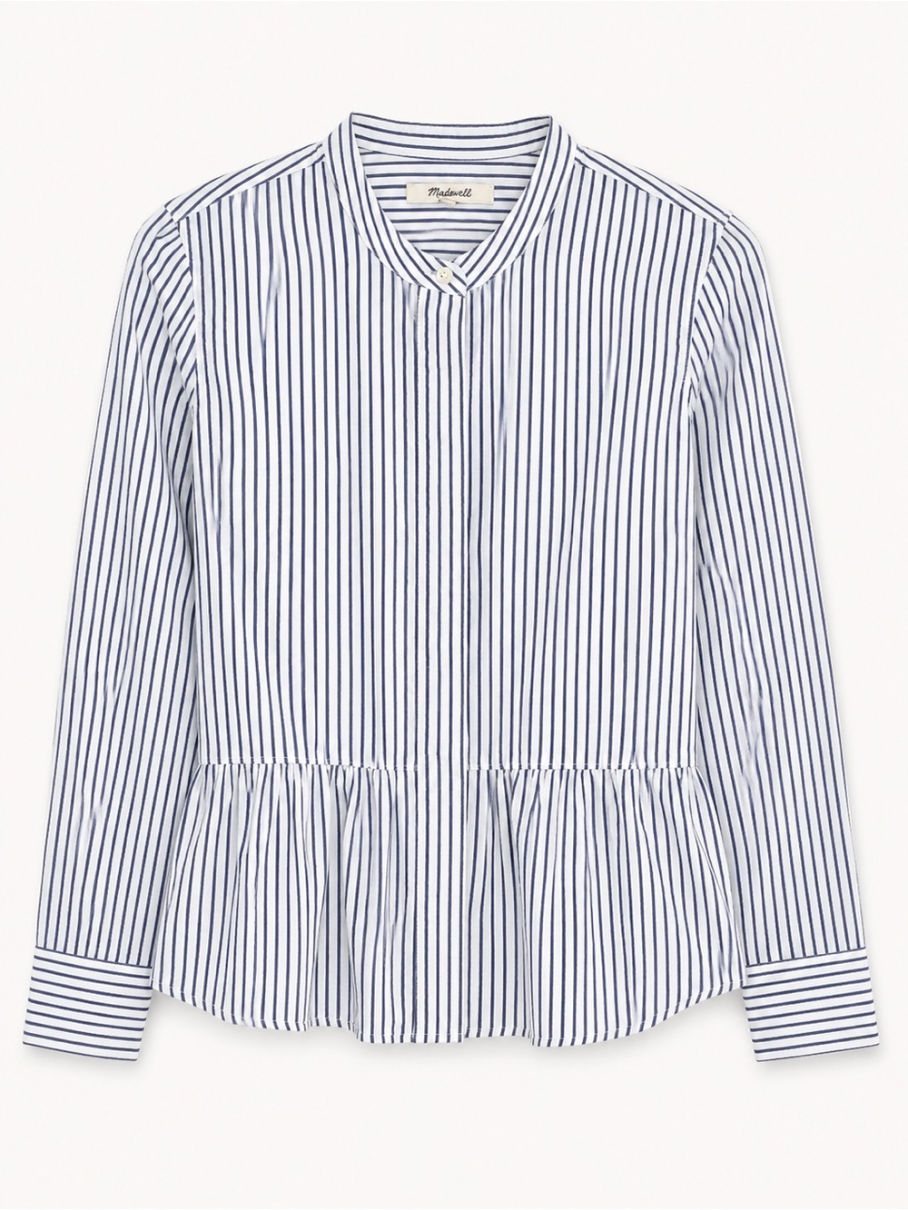 Madewell White and Blue Vertical Stripe Peplum Button-Front Shirt